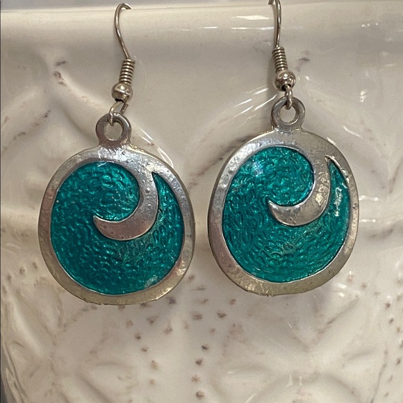 Nordstrom Jewelry - Teal Enamel Wave Swirl Dangle Earrings Silver Tone Boho Summer Beach Coastal
